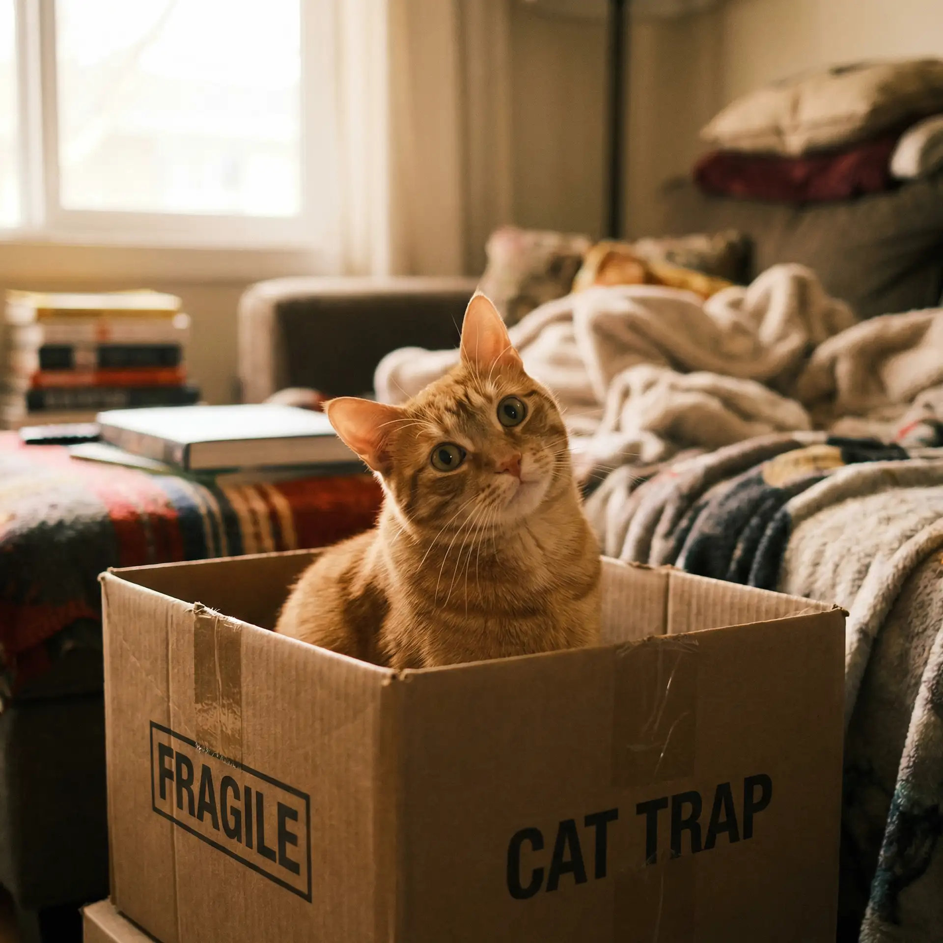 橘猫躲在纸箱里 - 赤壁上小乔周瑜戏床
